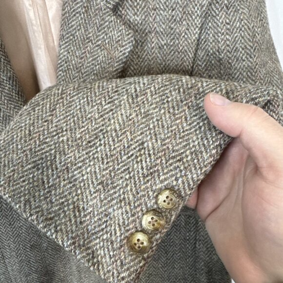 Harris Tweed Herringbone Wool Blazer Suede Elbow Patches Brown Men’s 40R - Picture 3 of 12